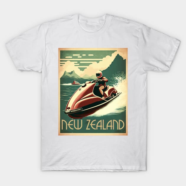 New Zealand Jet Ski Vintage Travel Art Poster T-Shirt by OldTravelArt